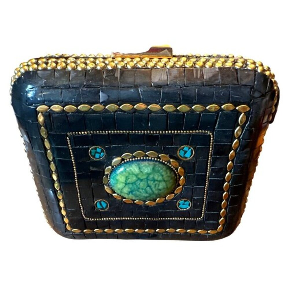 Handmade Moroccan Ramla Jeweled Clutch With Green Gemstone & Gold Accents